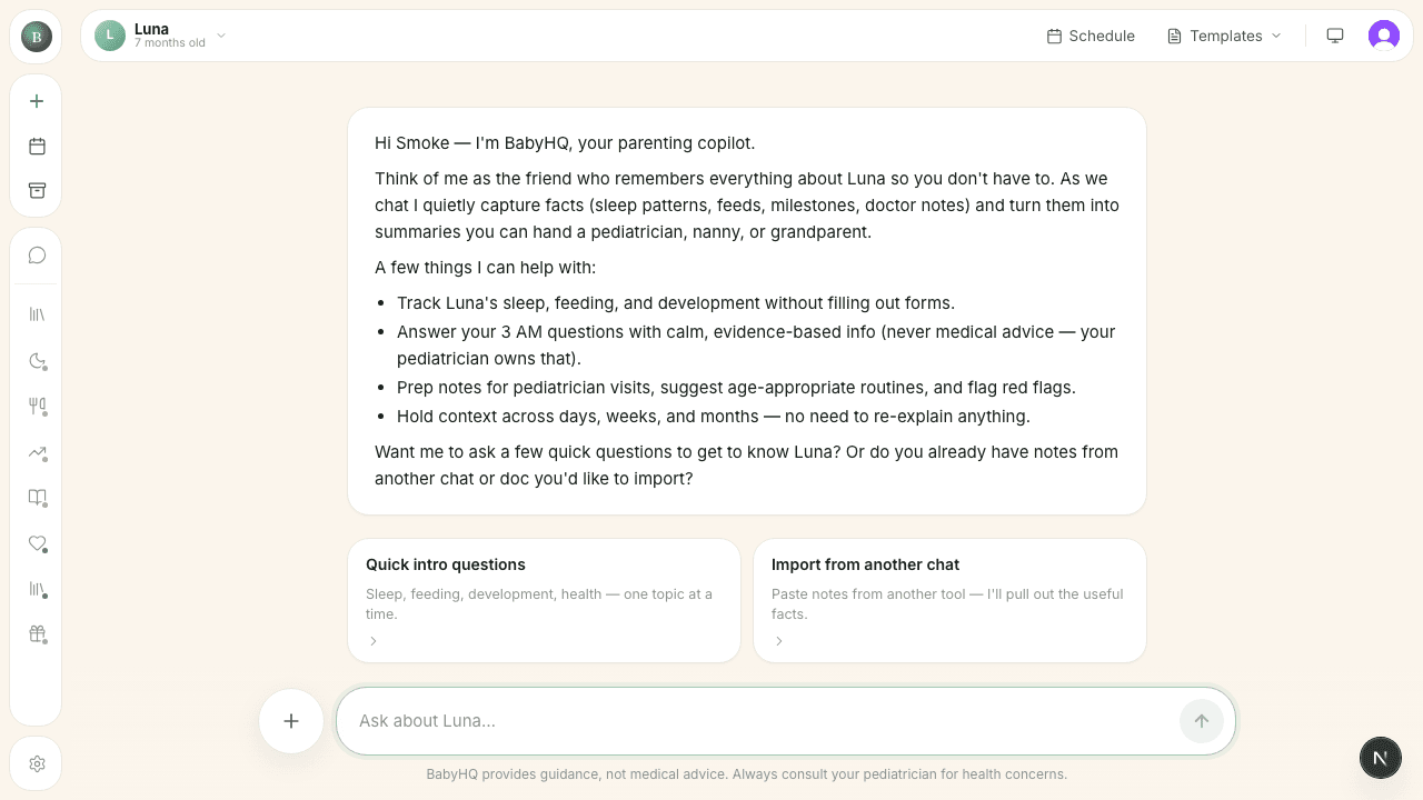 BabyHQ chat interface introducing itself and offering quick intro questions