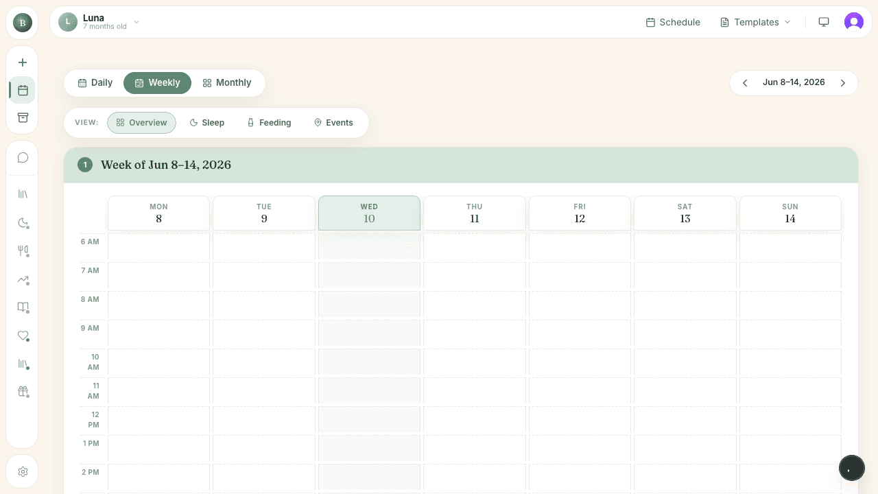 Weekly schedule grid with daily, weekly, and monthly views