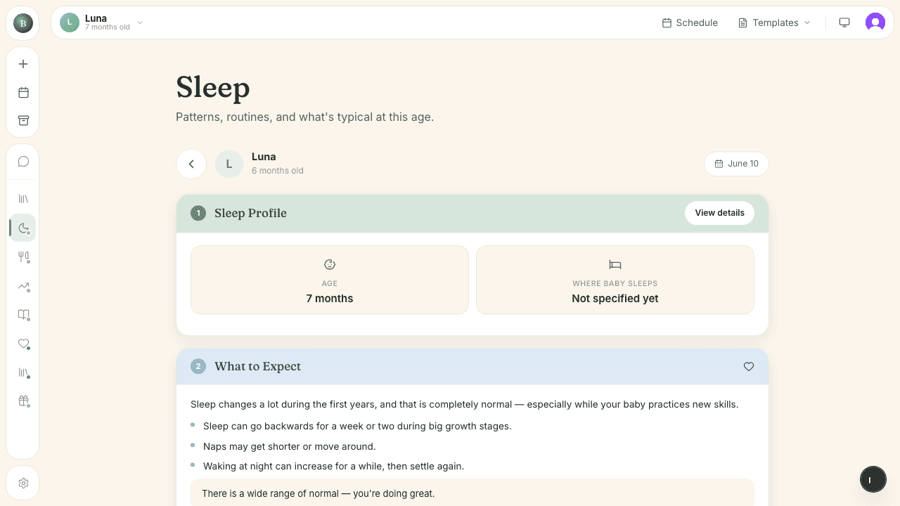 Sleep summary tab with profile stats and what to expect at this age